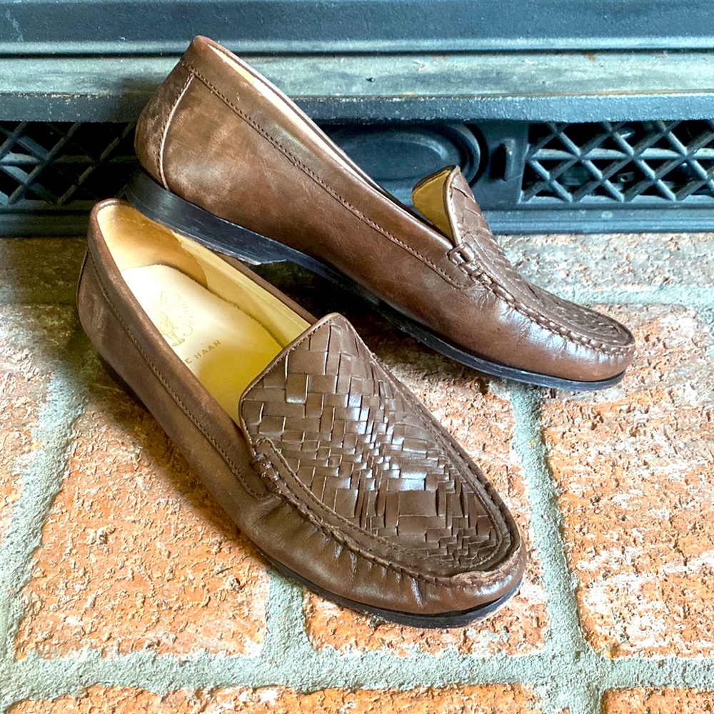 Cole HAAN Pinch Hand Sewn Brown Woven Leather Loafers Slip On SZ 8